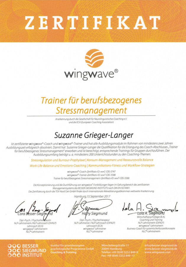 Zertifikat Wingwave-Trainer Stressmanagement 2017