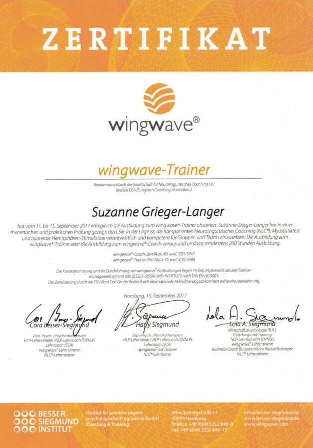 Zertifikat Wingwave-Trainer 2017