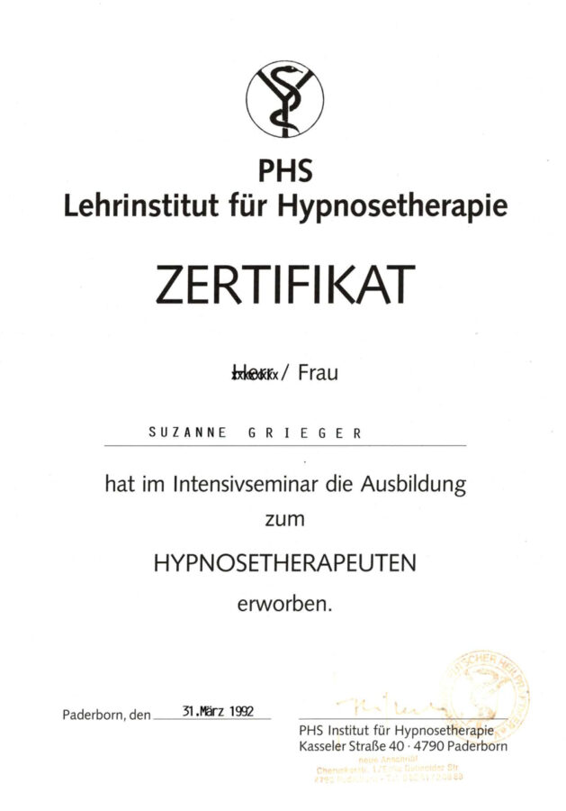 Zertifikat Hypnosetherapeut 1992