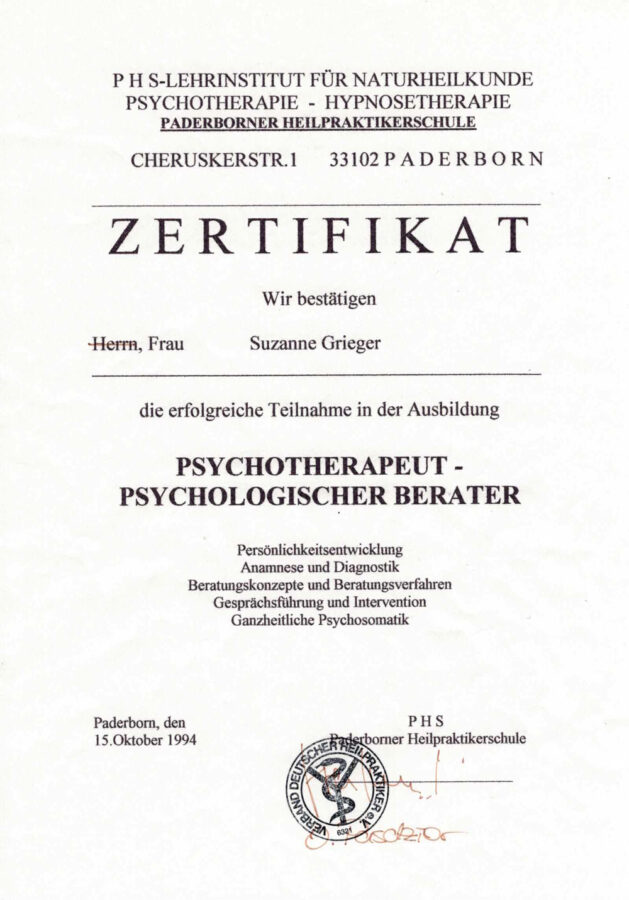 Zertifikat Psychotherapeut - Psychologischer Berater 1994