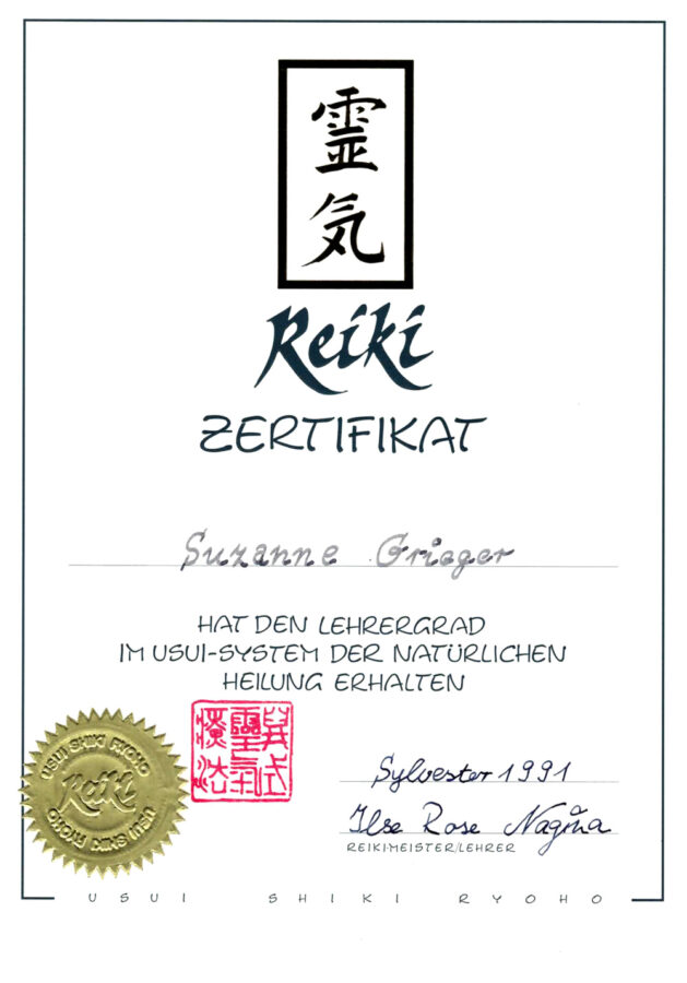 Reiki Zertifikat - Lehrergrad 1991